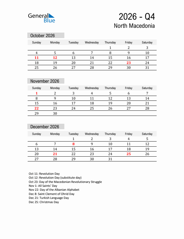 North Macedonia Quarter 4 2026 Calendar with Holidays