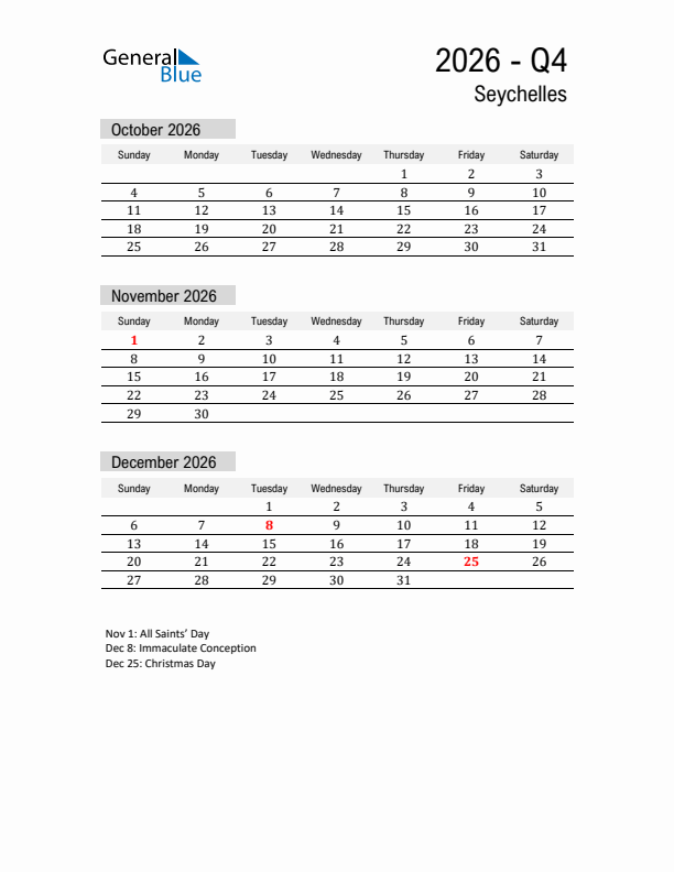 Seychelles Quarter 4 2026 Calendar with Holidays