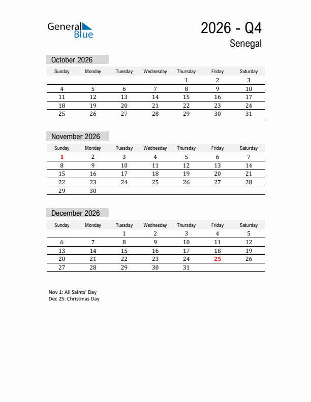 Senegal Quarter 4 2026 Calendar with Holidays