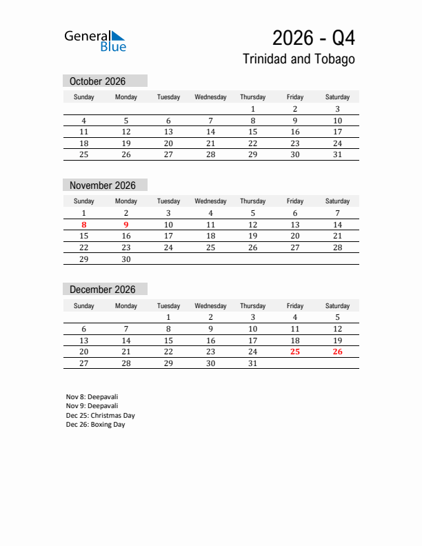 Trinidad and Tobago Quarter 4 2026 Calendar with Holidays