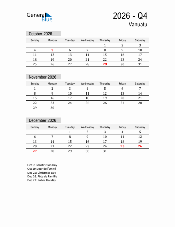 Vanuatu Quarter 4 2026 Calendar with Holidays