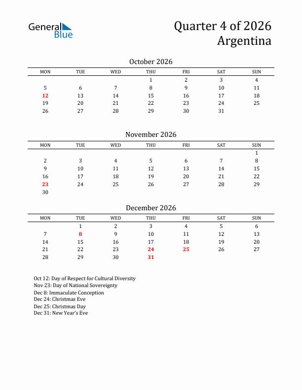 Quarter 4 2026 Argentina Quarterly Calendar