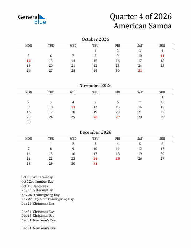 Quarter 4 2026 American Samoa Quarterly Calendar