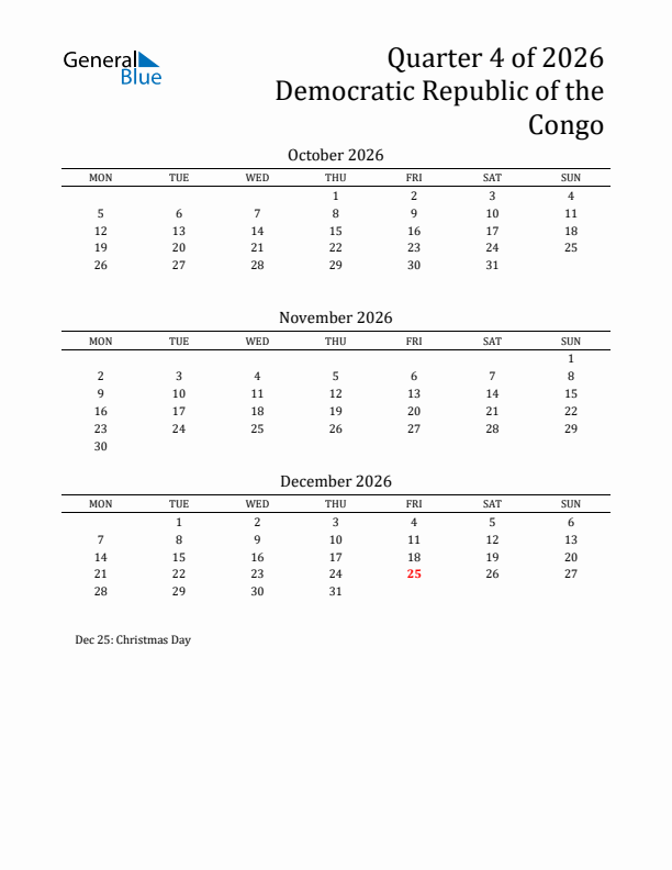 Quarter 4 2026 Democratic Republic of the Congo Quarterly Calendar