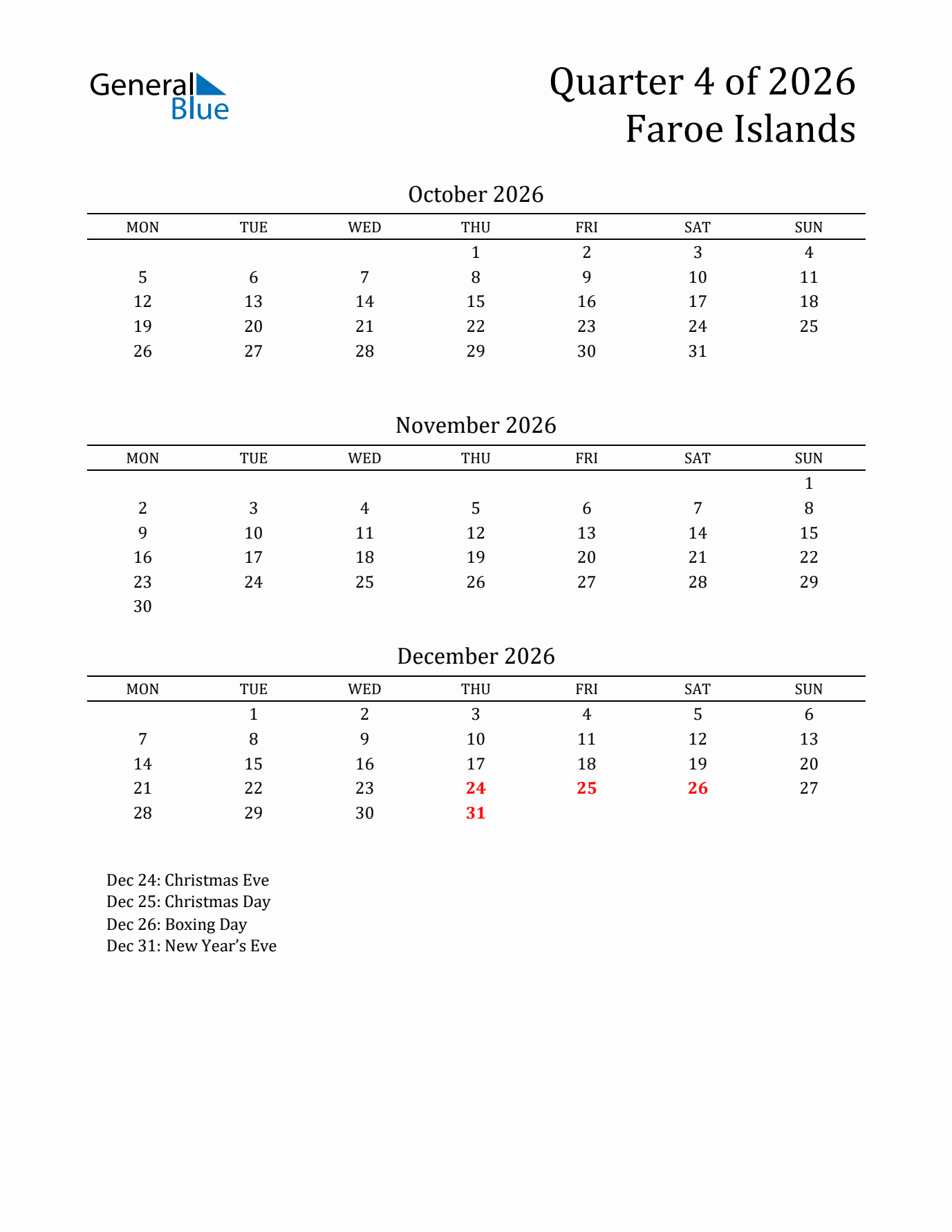 Quarter 4 2026 Faroe Islands Quarterly Calendar
