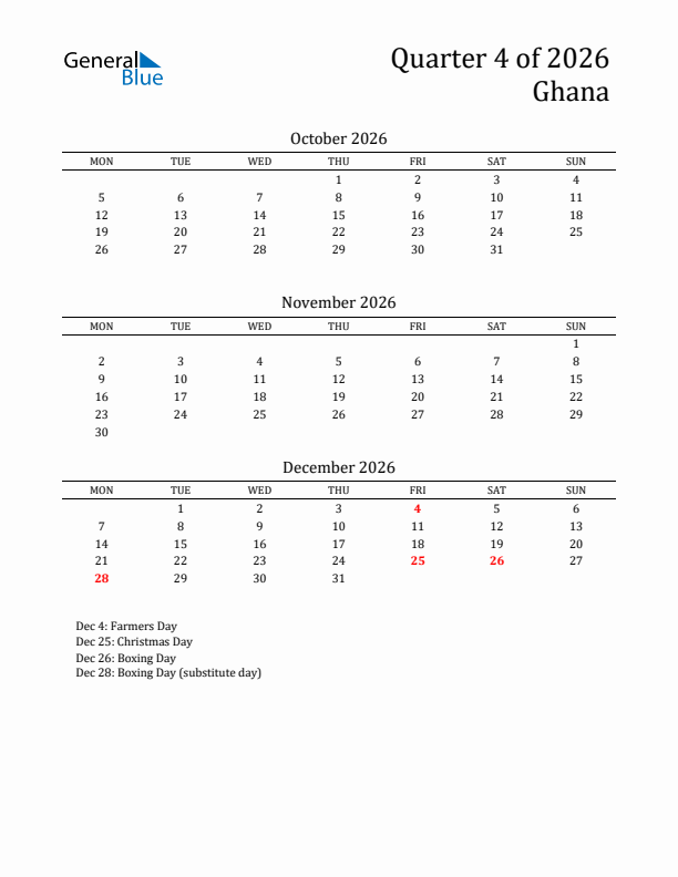 Quarter 4 2026 Ghana Quarterly Calendar