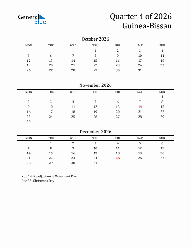 Quarter 4 2026 Guinea-Bissau Quarterly Calendar
