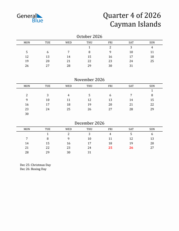 Quarter 4 2026 Cayman Islands Quarterly Calendar