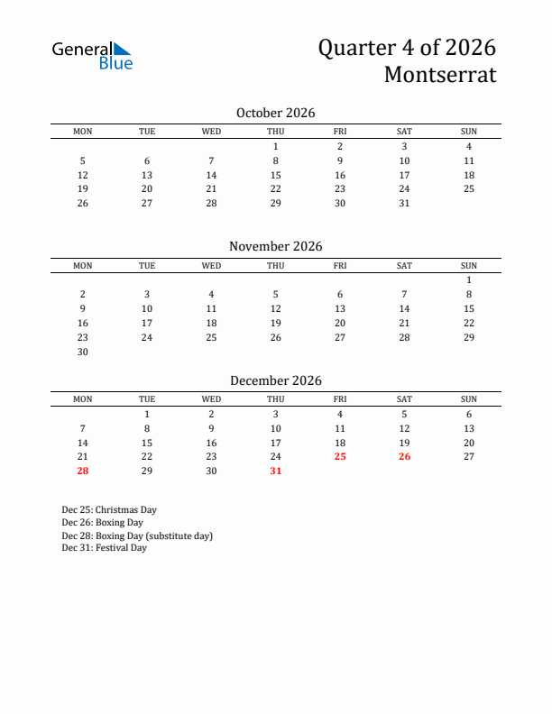 Quarter 4 2026 Montserrat Quarterly Calendar