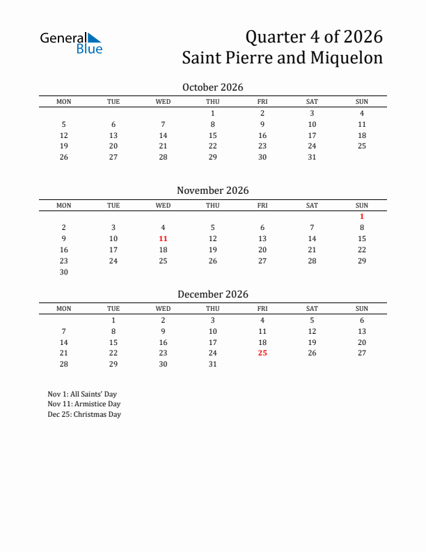 Quarter 4 2026 Saint Pierre and Miquelon Quarterly Calendar