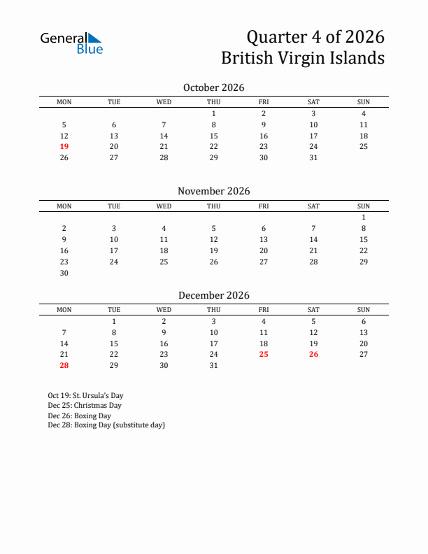 Quarter 4 2026 British Virgin Islands Quarterly Calendar