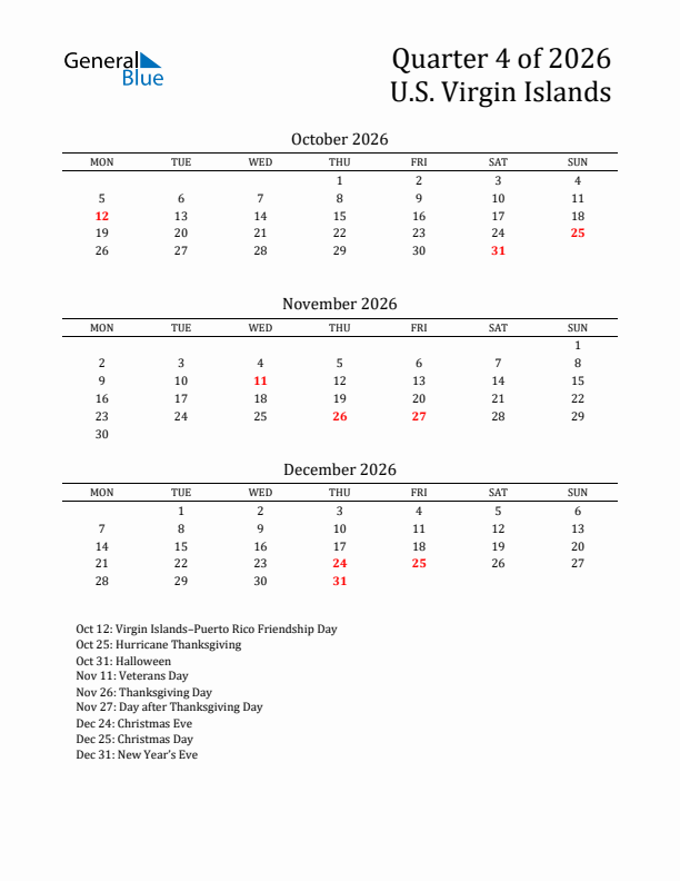 Quarter 4 2026 U.S. Virgin Islands Quarterly Calendar