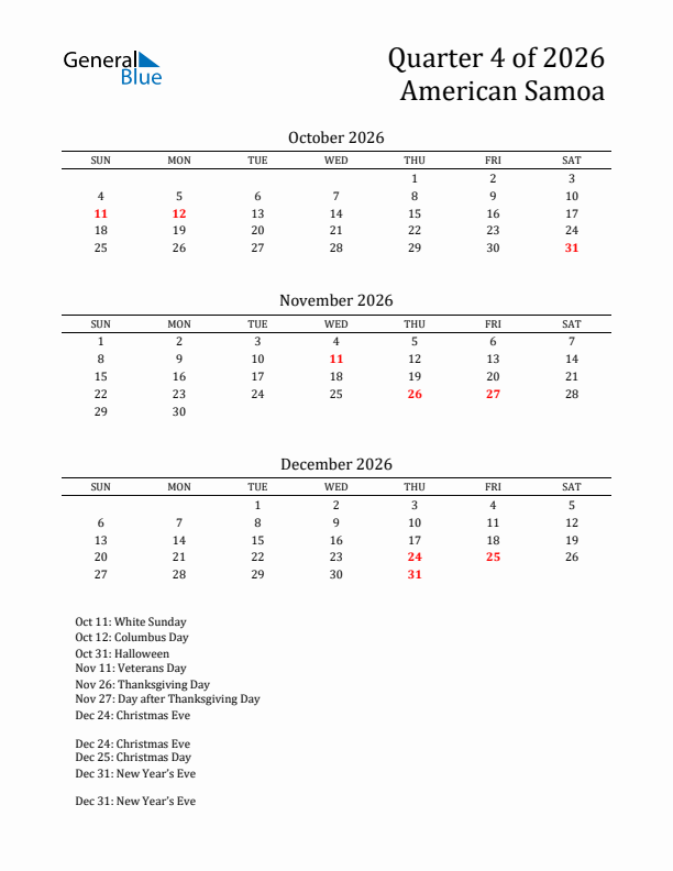Quarter 4 2026 American Samoa Quarterly Calendar