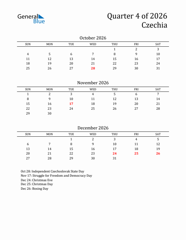 Quarter 4 2026 Czechia Quarterly Calendar