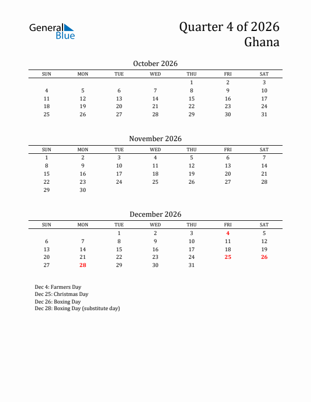 Quarter 4 2026 Ghana Quarterly Calendar