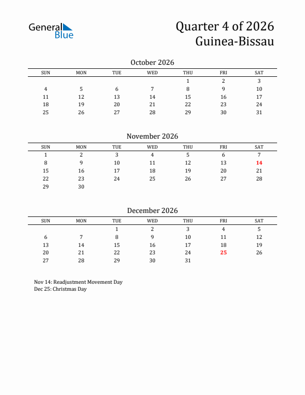 Quarter 4 2026 Guinea-Bissau Quarterly Calendar