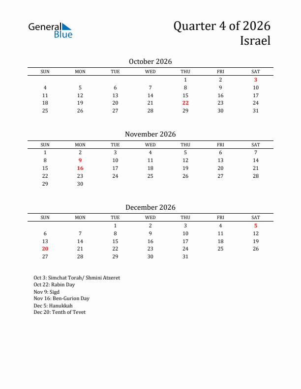 Quarter 4 2026 Israel Quarterly Calendar
