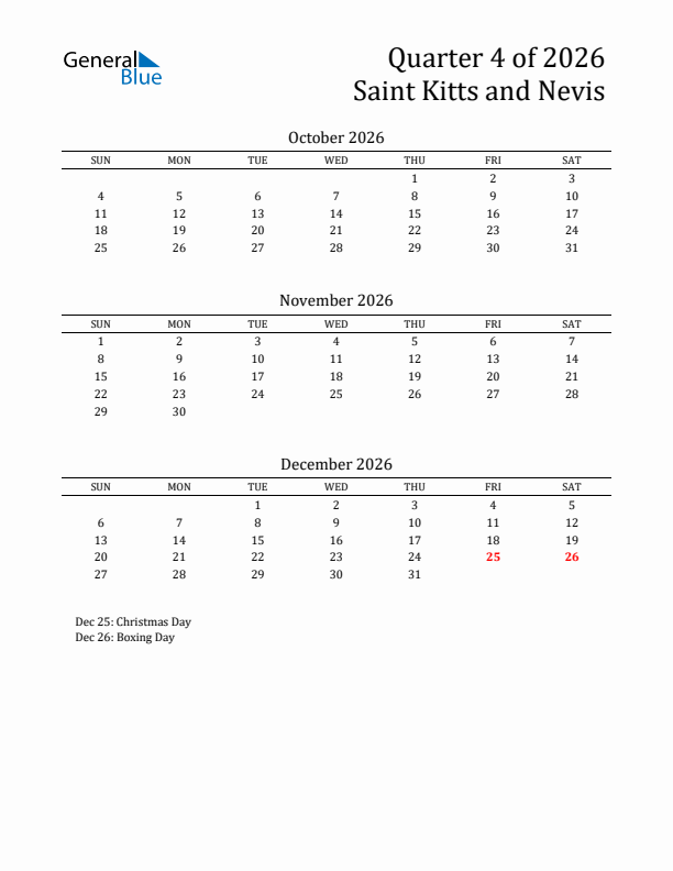 Quarter 4 2026 Saint Kitts and Nevis Quarterly Calendar