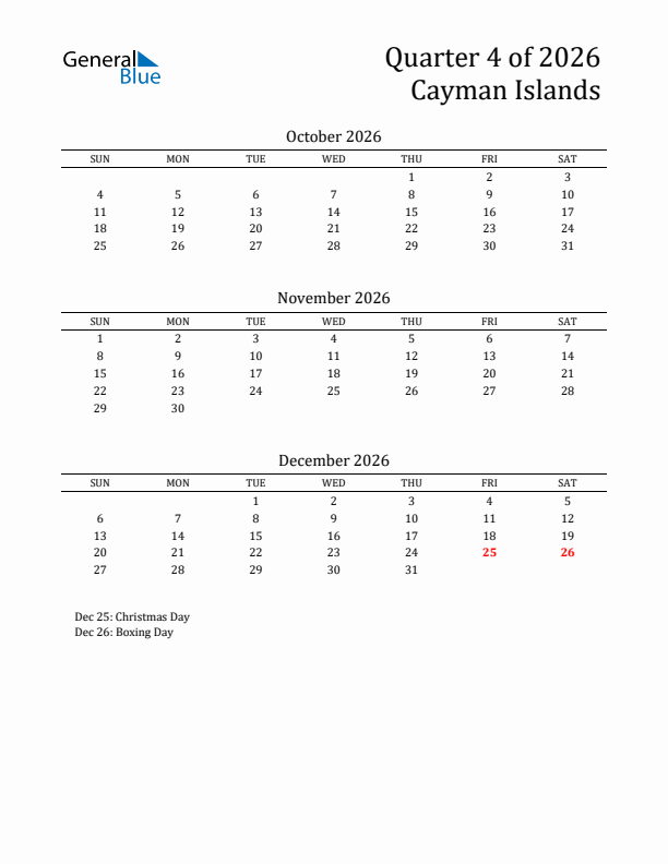 Quarter 4 2026 Cayman Islands Quarterly Calendar