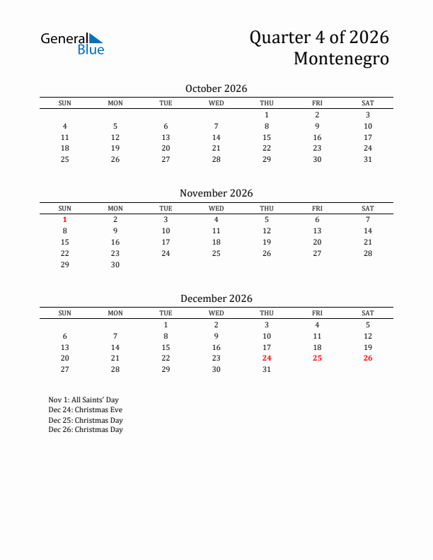 Quarter 4 2026 Montenegro Quarterly Calendar