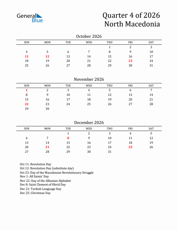 Quarter 4 2026 North Macedonia Quarterly Calendar