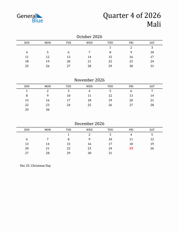 Quarter 4 2026 Mali Quarterly Calendar