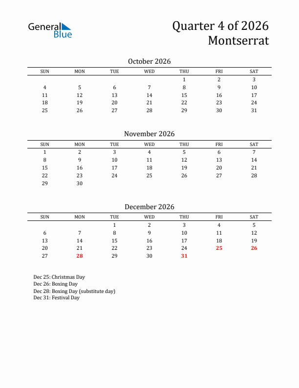 Quarter 4 2026 Montserrat Quarterly Calendar