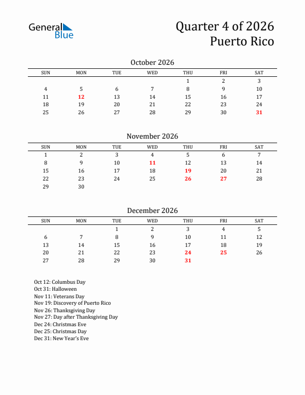 Quarter 4 2026 Puerto Rico Quarterly Calendar