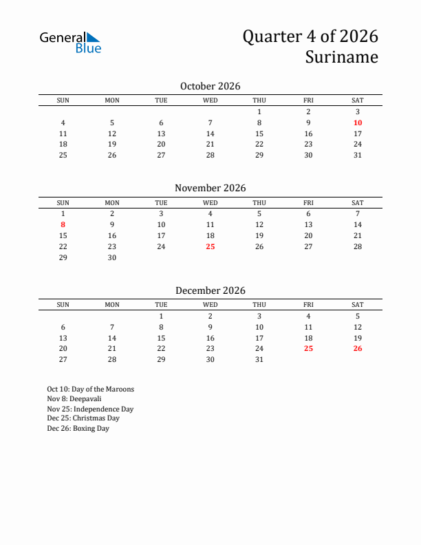 Quarter 4 2026 Suriname Quarterly Calendar