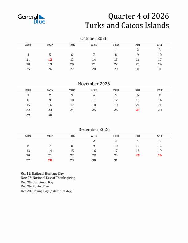 Quarter 4 2026 Turks and Caicos Islands Quarterly Calendar