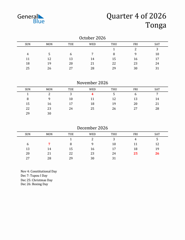 Quarter 4 2026 Tonga Quarterly Calendar