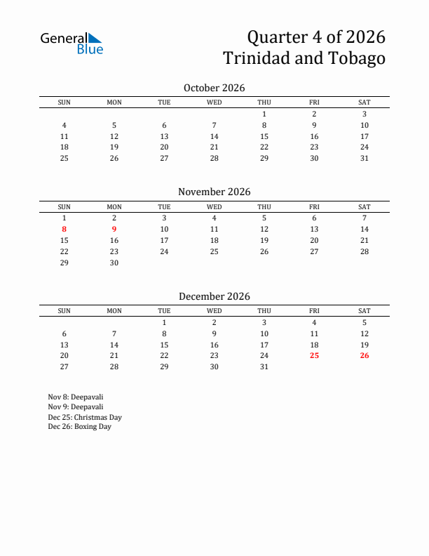 Quarter 4 2026 Trinidad and Tobago Quarterly Calendar