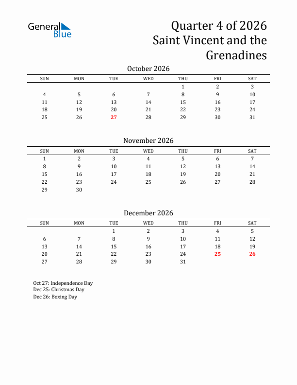 Quarter 4 2026 Saint Vincent and the Grenadines Quarterly Calendar