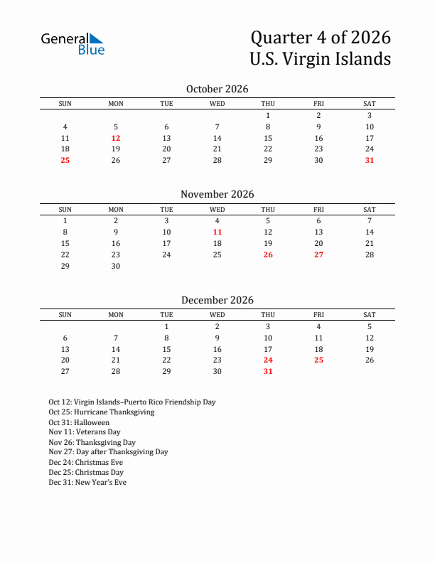 Quarter 4 2026 U.S. Virgin Islands Quarterly Calendar