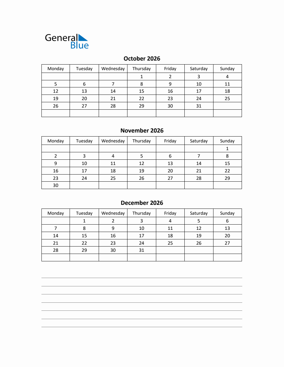 Free Printable Q4 Quarterly Calendar 2026 - Monday Start