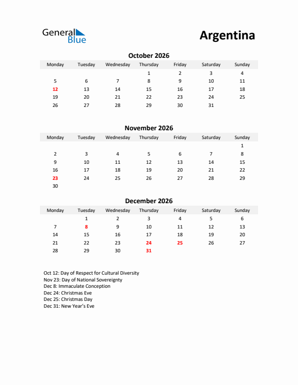 Printable Quarterly Calendar with Notes and Argentina Holidays- Q4 of 2026