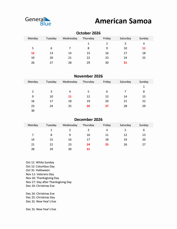 Printable Quarterly Calendar with Notes and American Samoa Holidays- Q4 of 2026