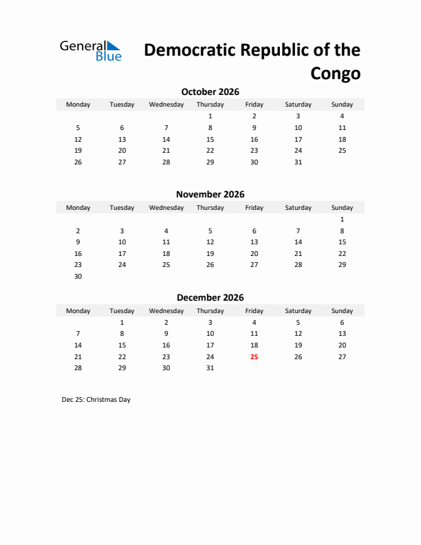 Printable Quarterly Calendar with Notes and Democratic Republic of the Congo Holidays- Q4 of 2026