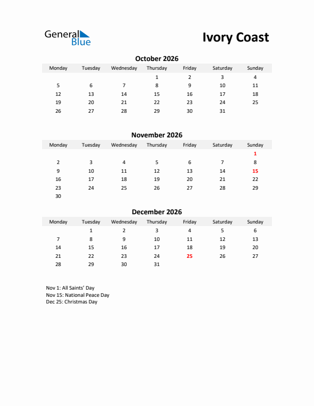 Printable Quarterly Calendar with Notes and Ivory Coast Holidays- Q4 of 2026
