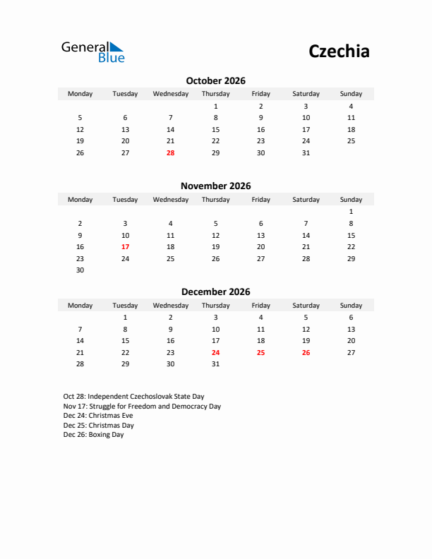 Printable Quarterly Calendar with Notes and Czechia Holidays- Q4 of 2026
