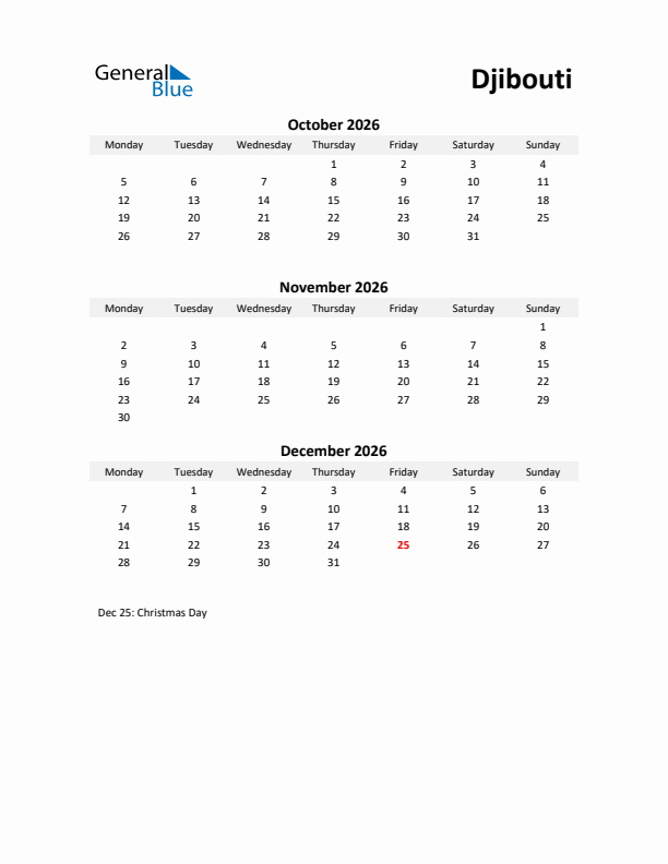 Printable Quarterly Calendar with Notes and Djibouti Holidays- Q4 of 2026