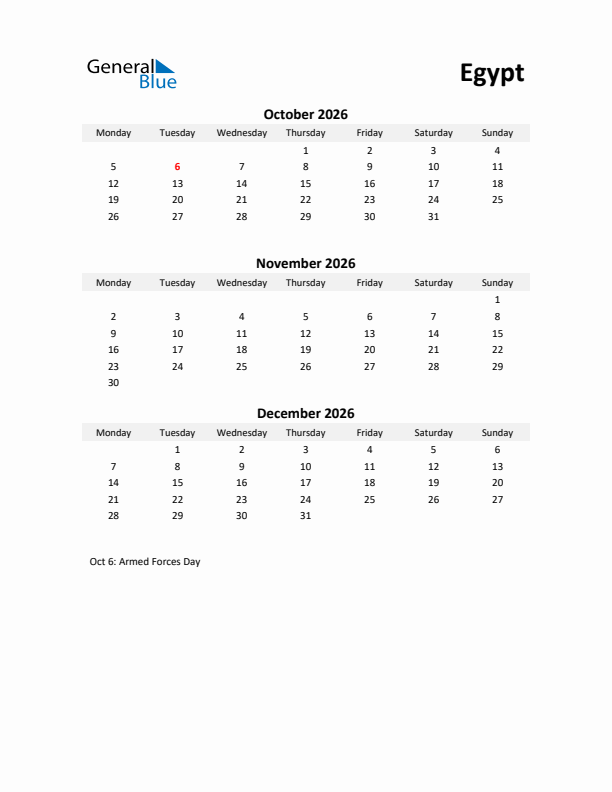 Printable Quarterly Calendar with Notes and Egypt Holidays- Q4 of 2026
