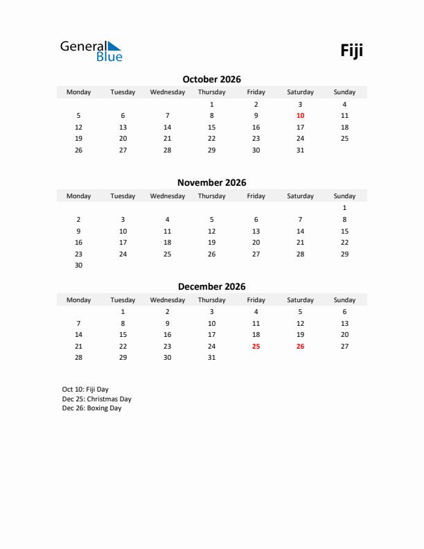 Printable Quarterly Calendar with Notes and Fiji Holidays- Q4 of 2026