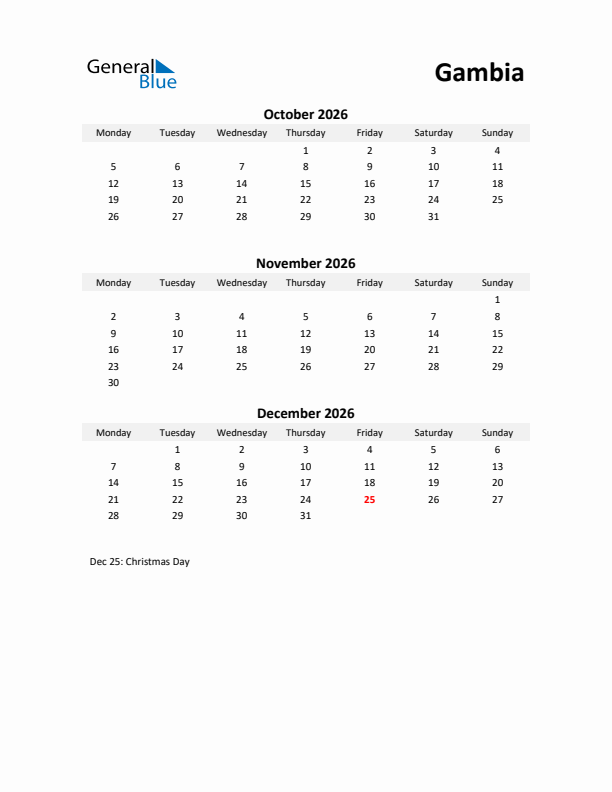 Printable Quarterly Calendar with Notes and Gambia Holidays- Q4 of 2026
