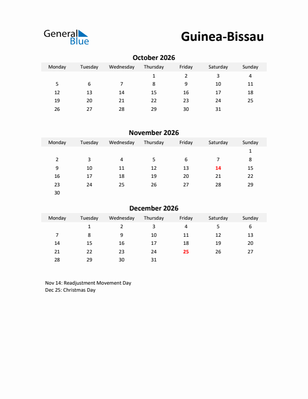 Printable Quarterly Calendar with Notes and Guinea-Bissau Holidays- Q4 of 2026
