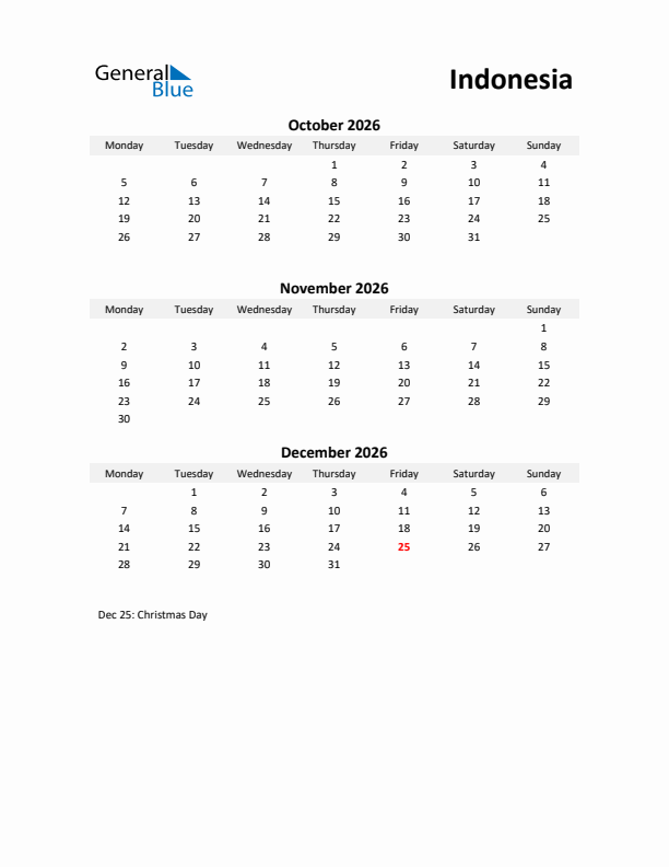 Printable Quarterly Calendar with Notes and Indonesia Holidays- Q4 of 2026