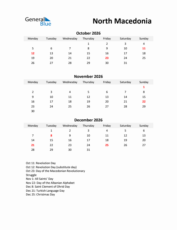 Printable Quarterly Calendar with Notes and North Macedonia Holidays- Q4 of 2026