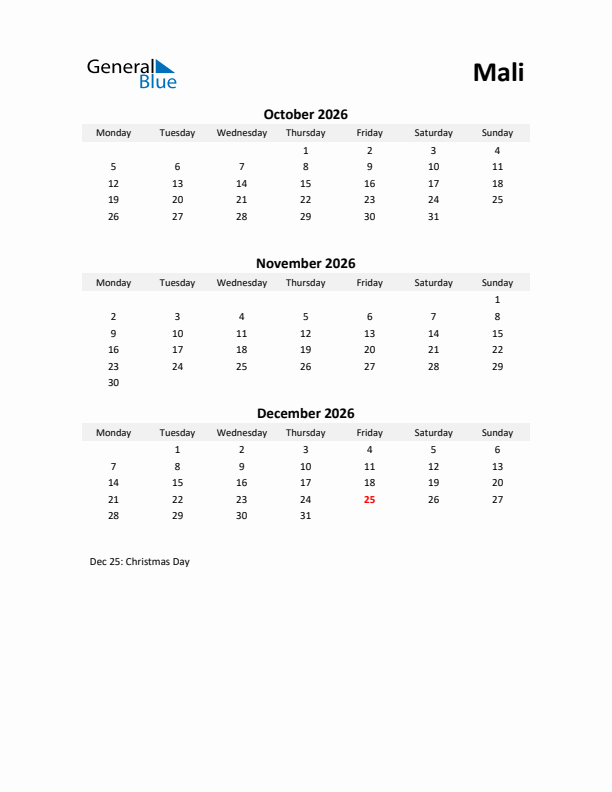 Printable Quarterly Calendar with Notes and Mali Holidays- Q4 of 2026