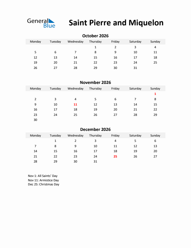 Printable Quarterly Calendar with Notes and Saint Pierre and Miquelon Holidays- Q4 of 2026
