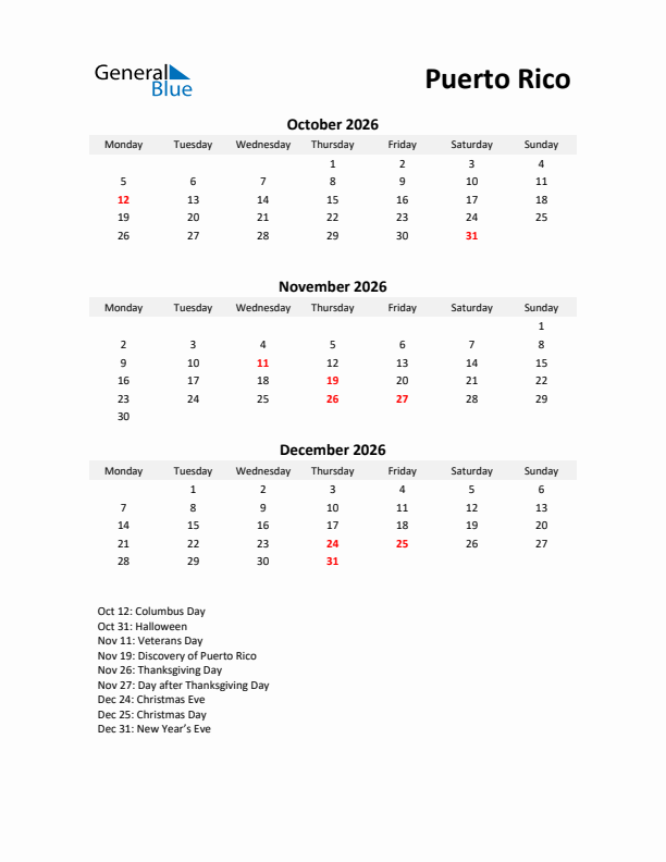 Printable Quarterly Calendar with Notes and Puerto Rico Holidays- Q4 of 2026